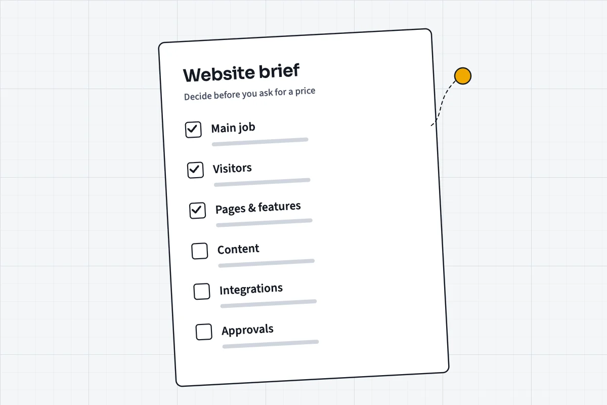 A website brief sheet with sections and checkboxes