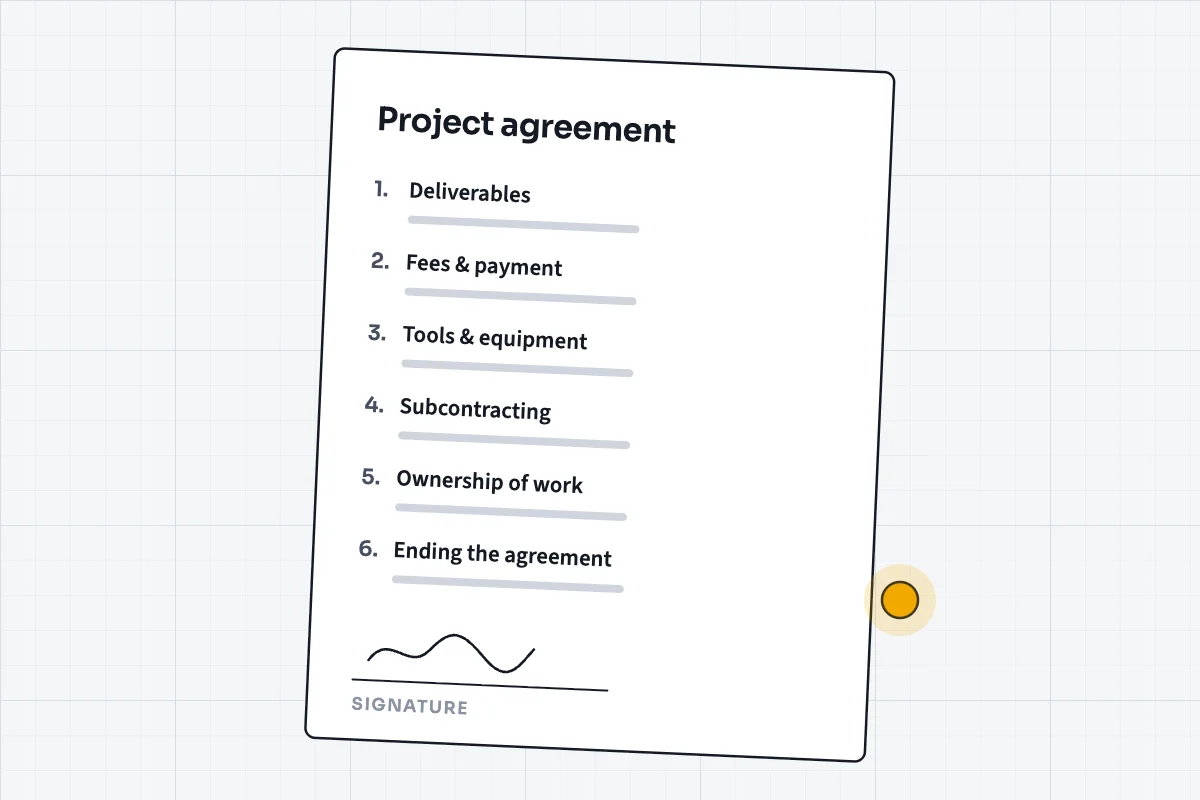 A contractor agreement with numbered clauses and a signature line